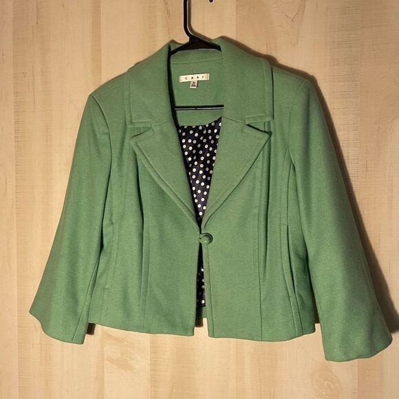 CABi green wool‎ jacket blazer with navy polka dot lining, size medium - Picture 1 of 15